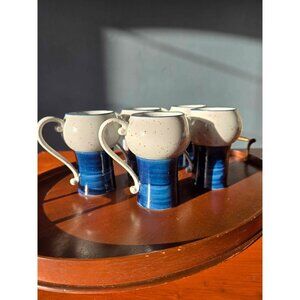 Set of 5 Vintage Blue & Gray Speckled Stoneware Nordic Style Hot Chocolate Mugs